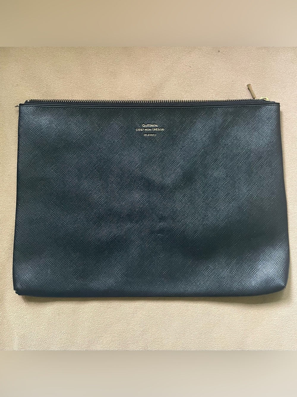 Delfonics Quitterie Pouch Bag Sleeve Travel Black Pebbled Leather 8 X 10”